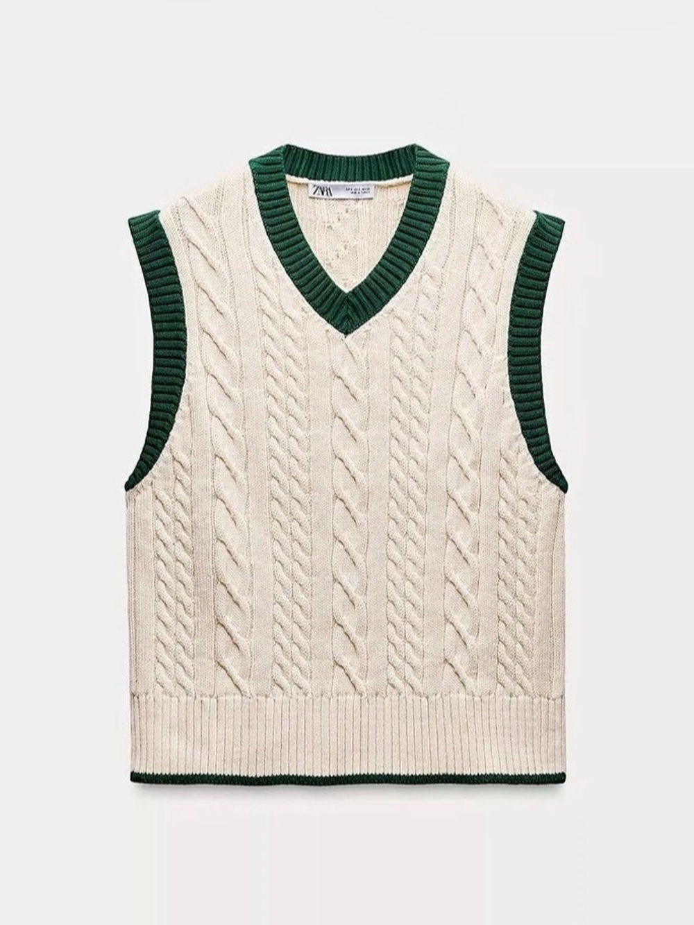 Zara Cable Knit V-Neck Sweater Vest in Cream & Green